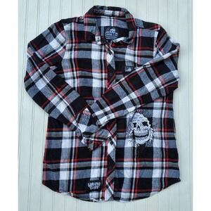 Lurking Class Sketchy Mens Small Plaid Flannel Skull Graphic Button Up Shirt